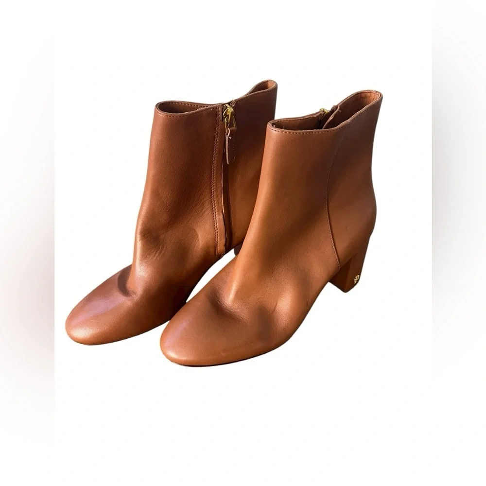 TORY BURCH BROOKE ROUND TOE LEATHER BOOTIE Womens 8.5 ANKLE BOOTS BROWN TAN